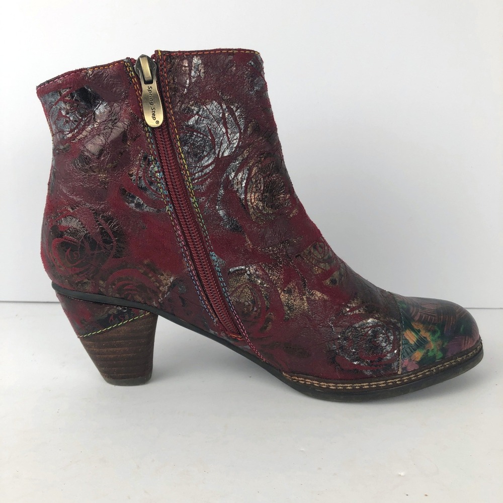 L'Artiste Spring Step Waterlily Floral Leather Ankle Boots Sz 39 Red Metallic - Picture 11 of 16